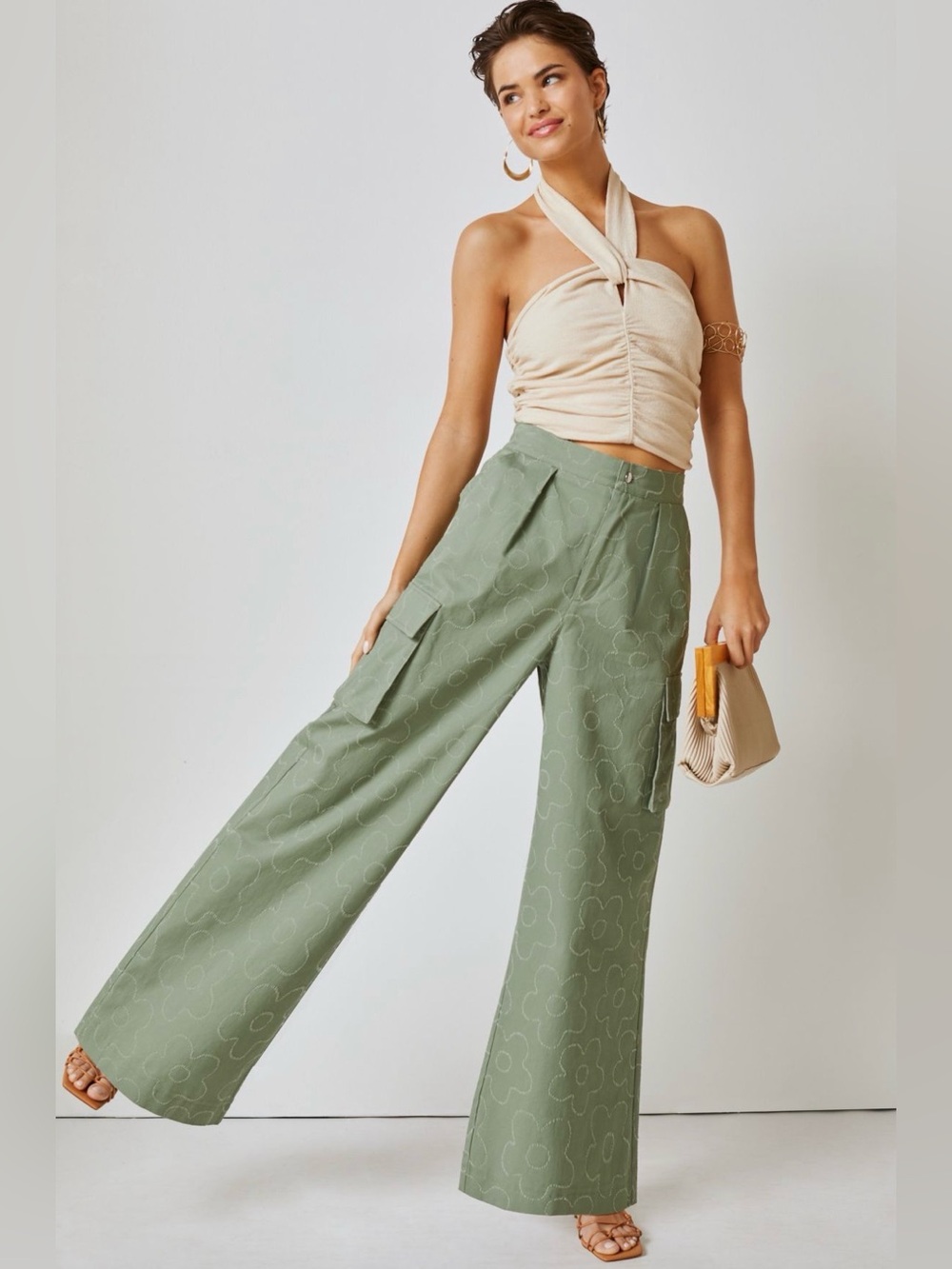 Anthropologie Avec Les Filles Wide-Leg Flower Cargo Pants in Tea Tree